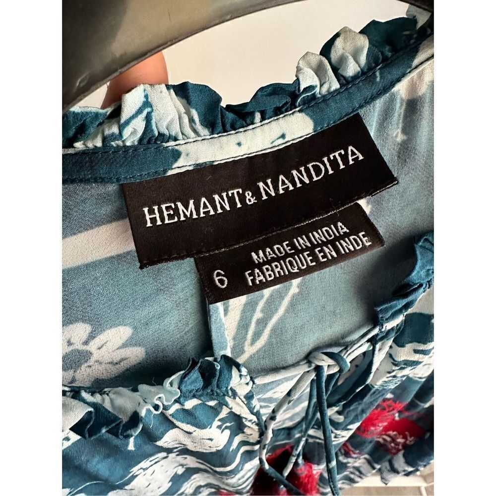 Hemant & Nandita size 6 Floral Dress Teal Birds Print Tassels - Picture 5 of 6